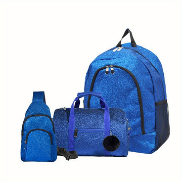 3-Piece Glitter Men's Bag Set: Casual PVC Backpack, Shoulder Messenger Bag & Waist Pack for Travel & Everyday Use - Easy Hand Wash Maintenance